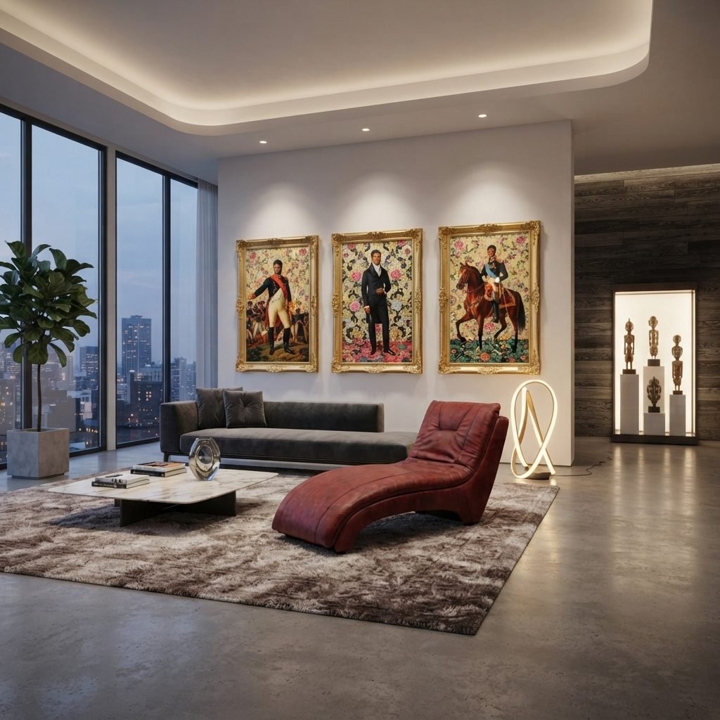 Chaise Longue Cloé em couro vermelho, num loft com quadros de cavalos e obras de arte na parede.