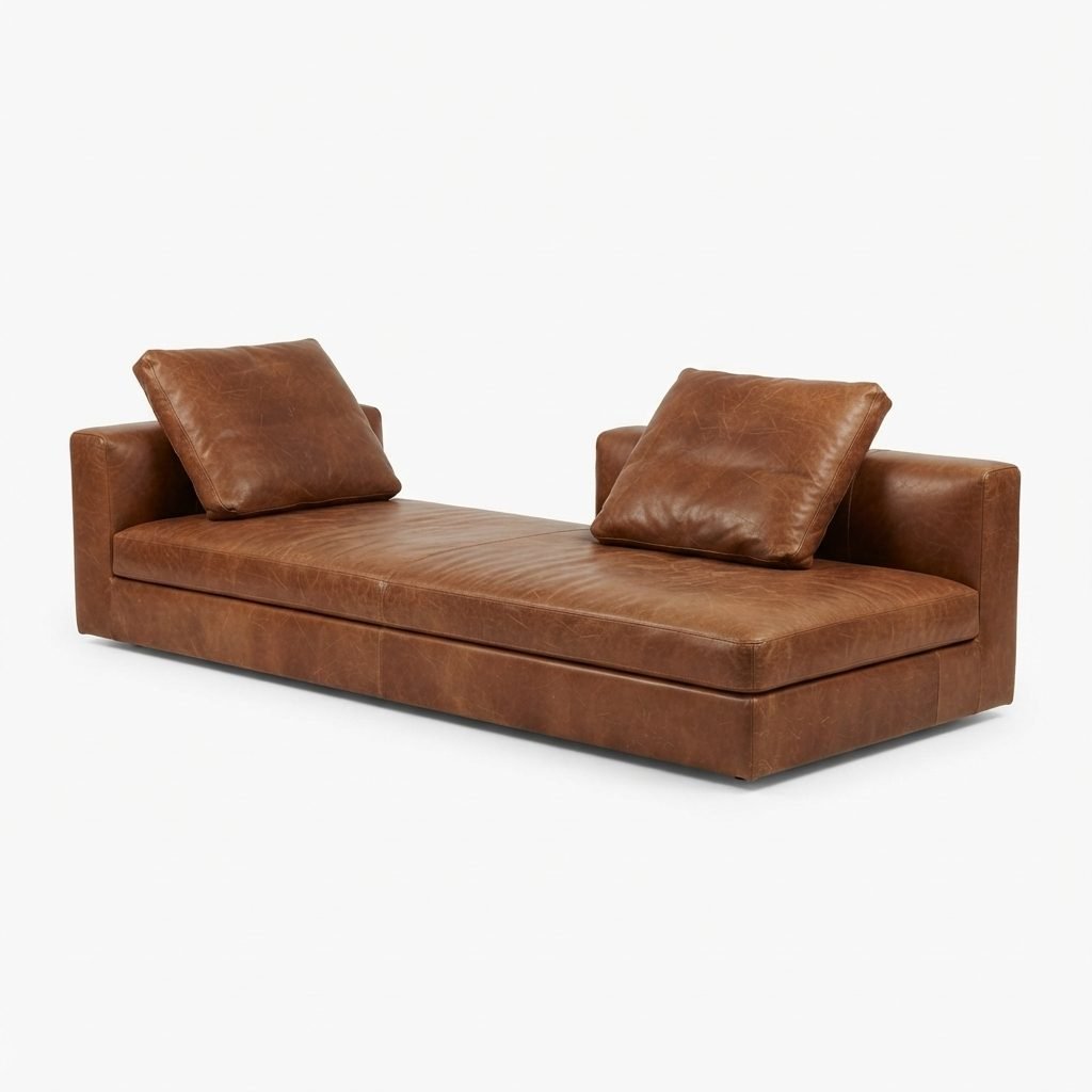Chaise Mitra em couro caramelo envelhecido, com braços iguais nas pontas e base baixa, vista de três quartos, fundo branco.
