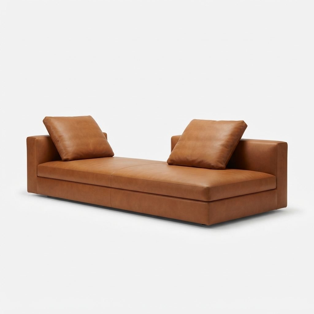 Chaise Mitra em couro caramelo, com braços iguais nas duas pontas e base baixa, vista de três quartos em fundo branco.