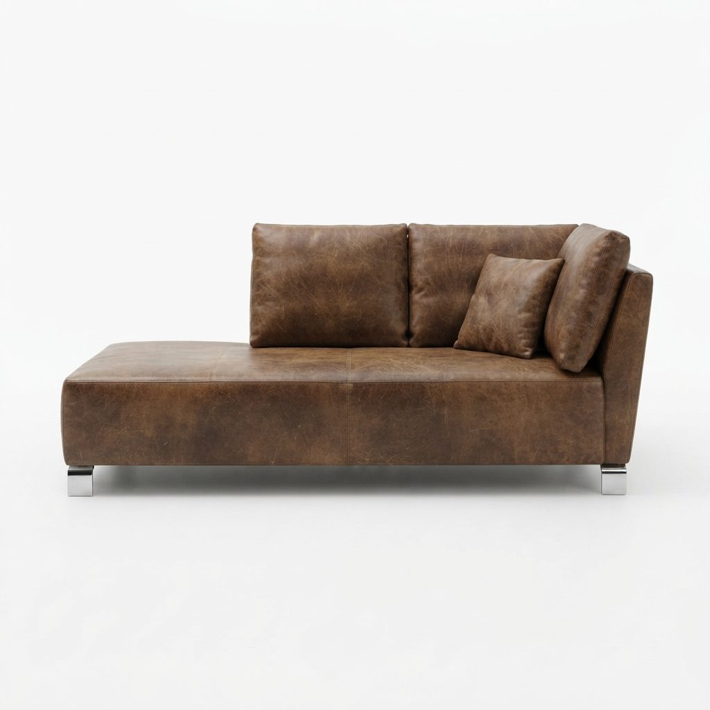 Chaise Willian estofada em couro marrom, com pés metálicos, sobre fundo branco.
