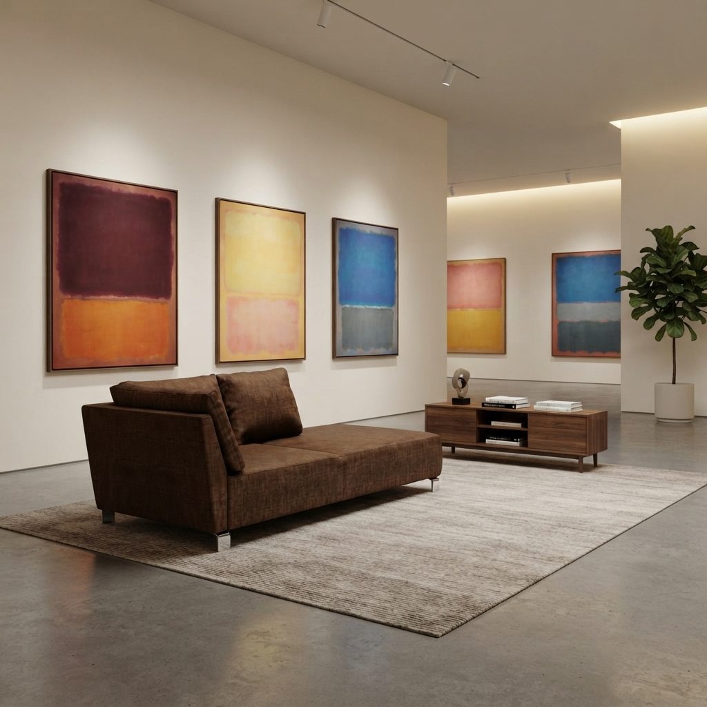 Chaise Willian em tecido marrom, numa sala decorada com quadros coloridos na parede.