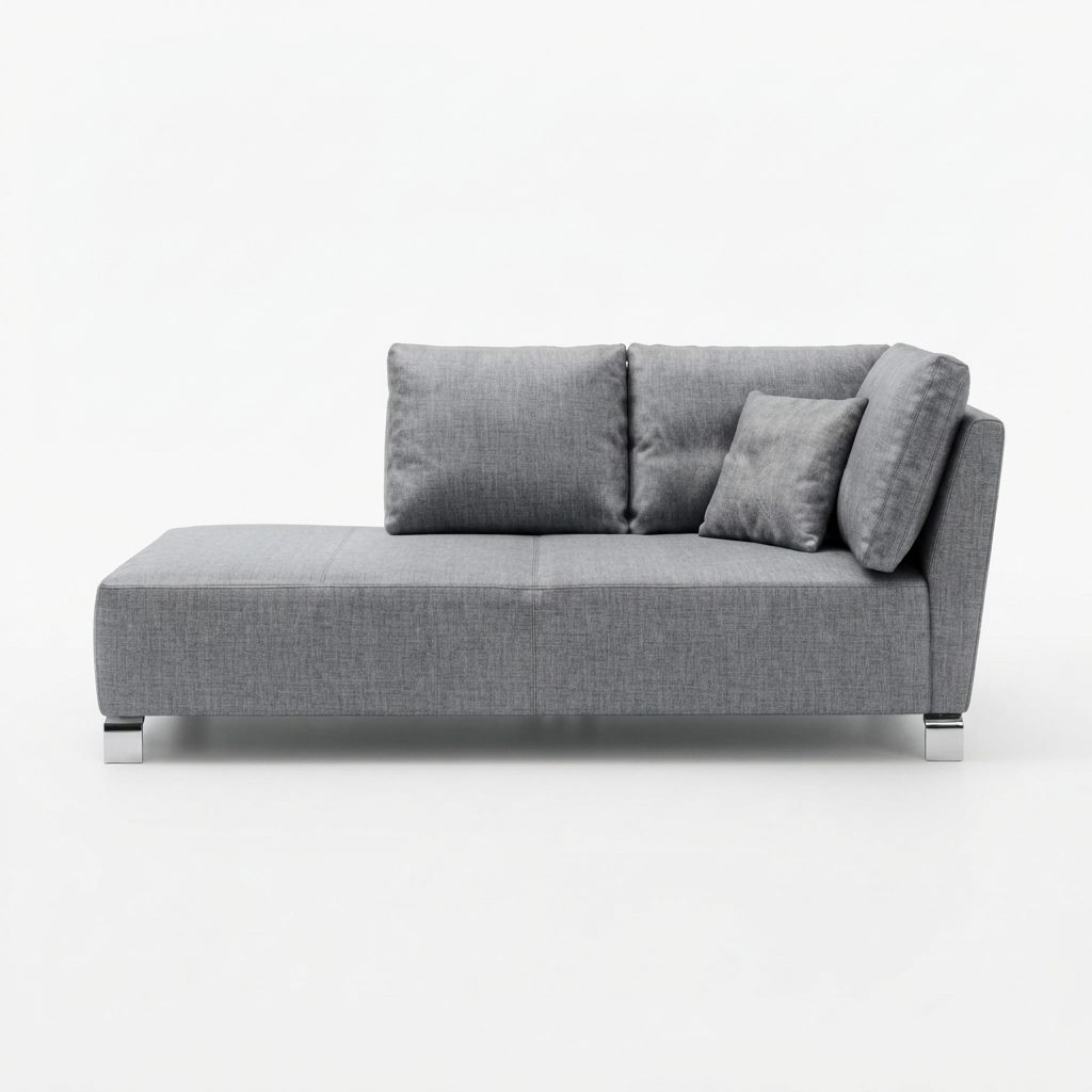 Chaise Willian estofada em tecido cinza-claro, com pés metálicos, sobre fundo branco.