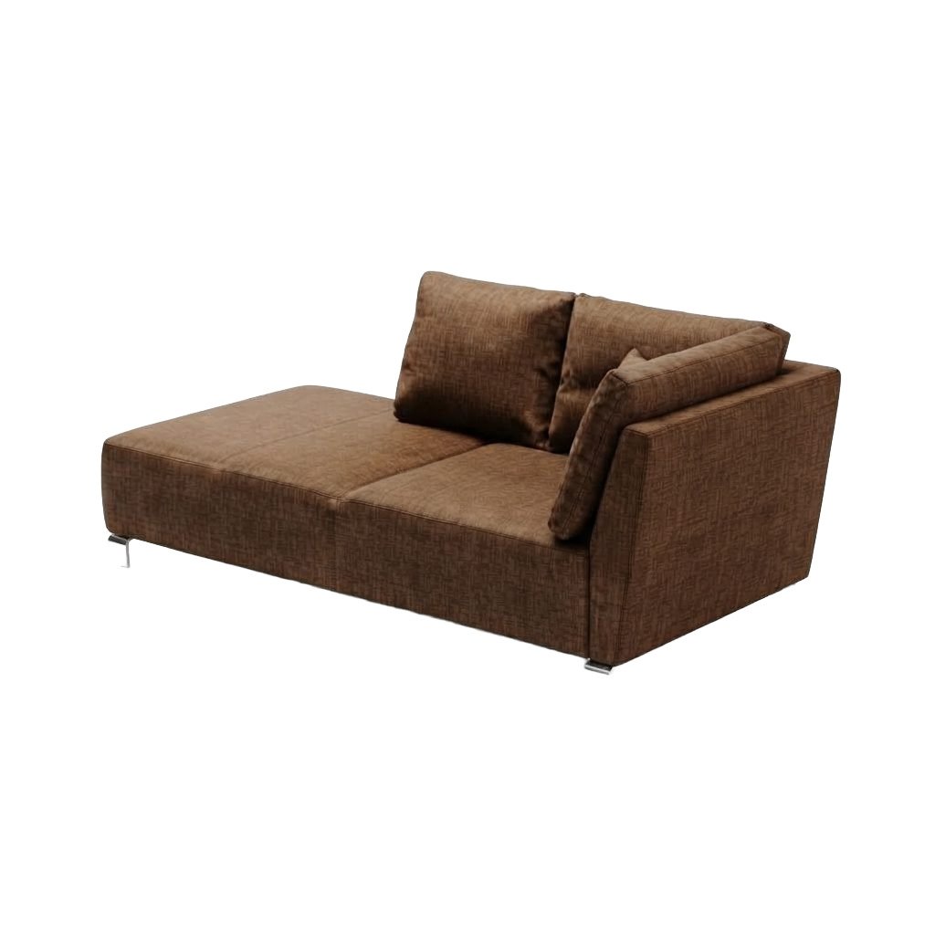 Chaise Willian estofada em tecido marrom, com pés metálicos, vista em três quartos sobre fundo branco.