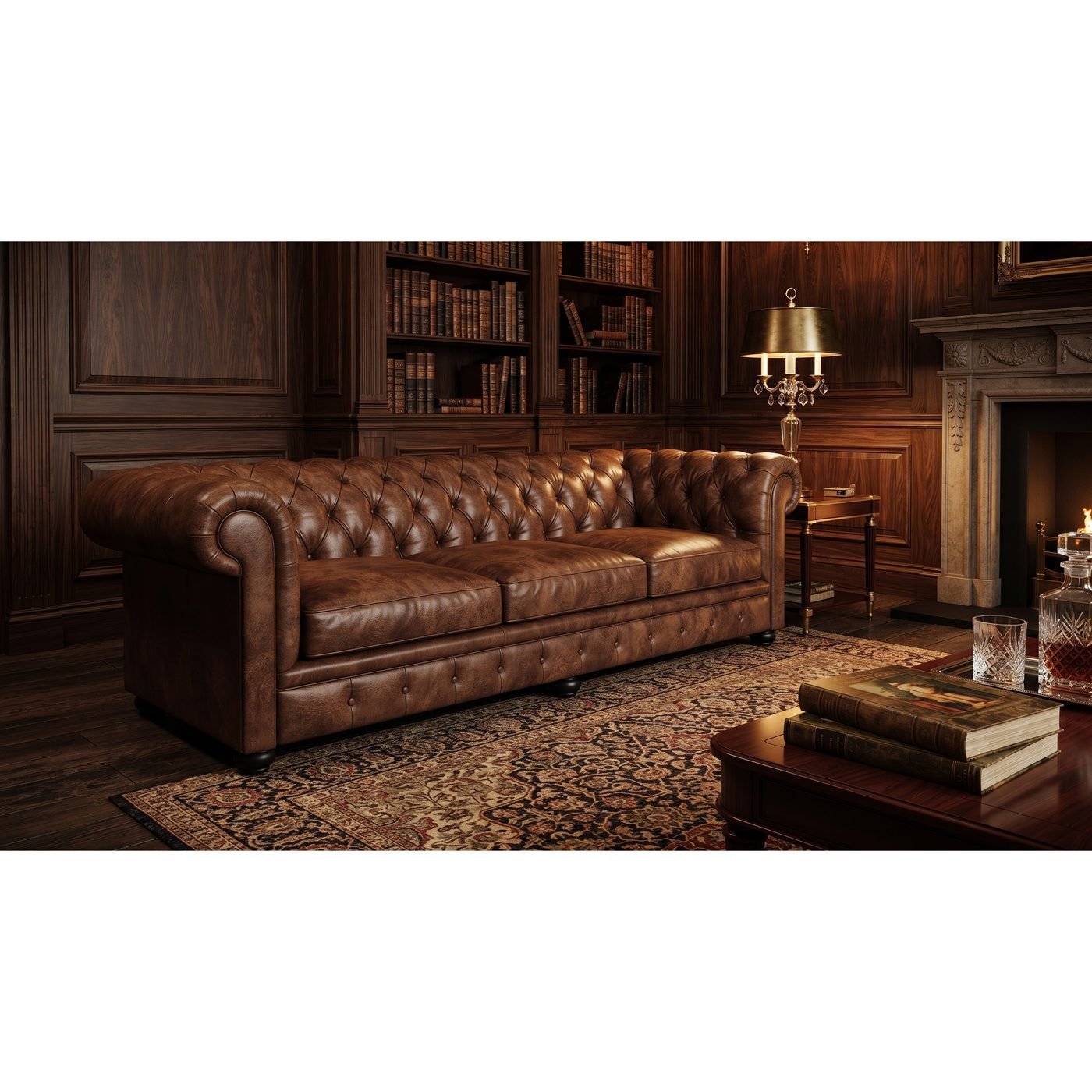 Estofado Chesterfield (Modelo A) em couro marrom dentro de uma biblioteca de madeira escura, ao lado da lareira acesa e sobre tapete persa