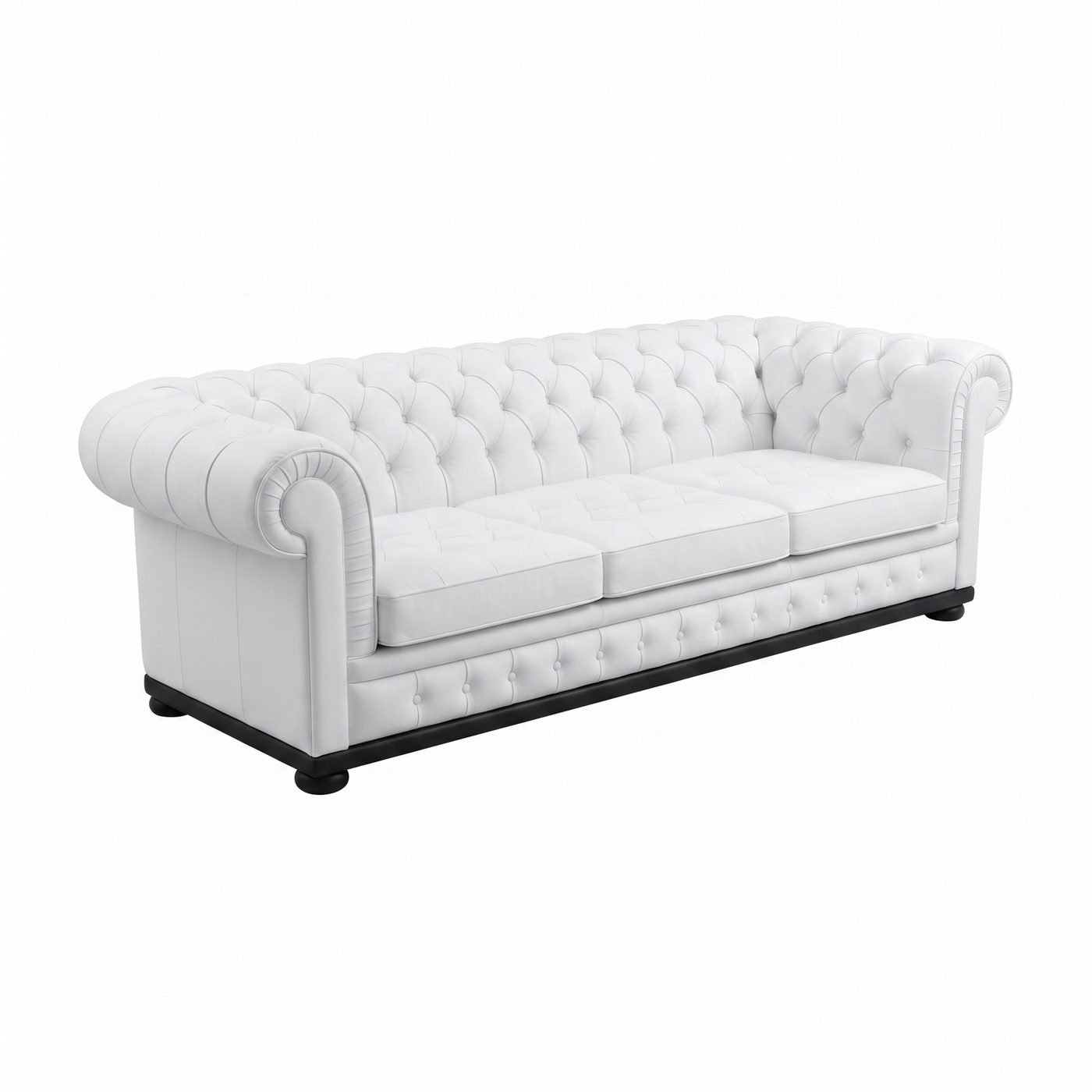 Estofado Chesterfield (Modelo A) em revestimento branco, visto de tres quartos sobre base escura, com capitone bem marcado nos bracos e no encosto