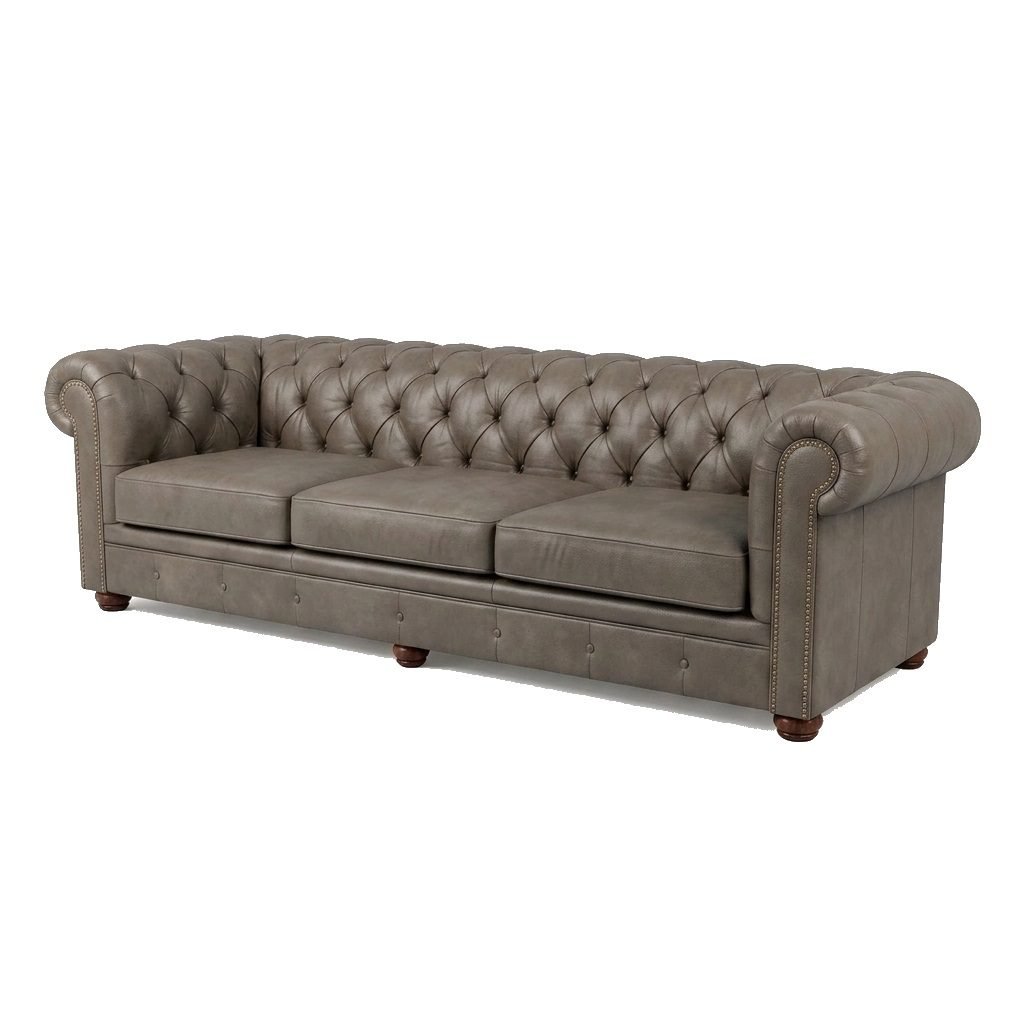 Estofado Chesterfield (Modelo A) em revestimento cinza amarronzado, visto de tres quartos com fileira de tachas contornando os bracos rolo