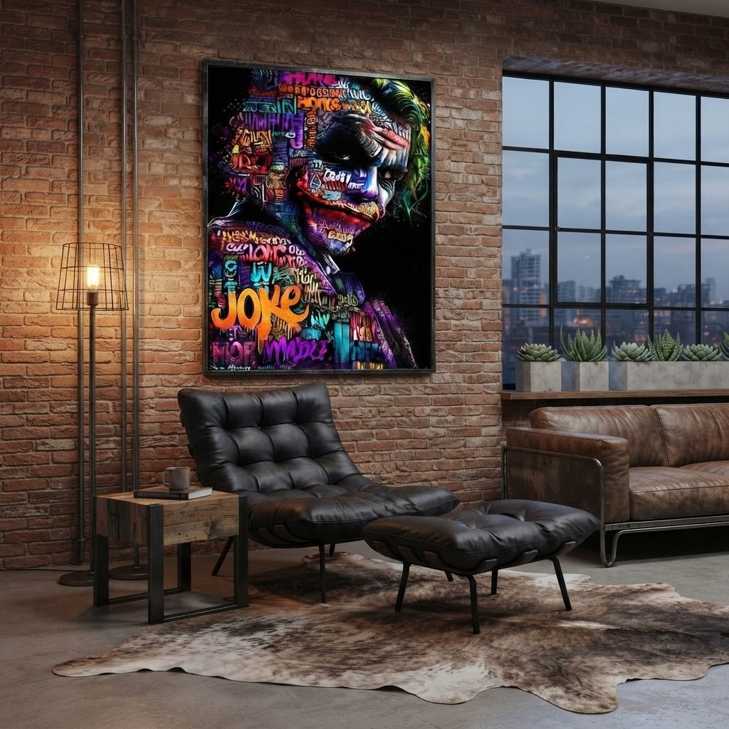 Conjunto Poltrona Costela e banqueta em couro preto, num loft industrial com obra de arte colorida na parede.