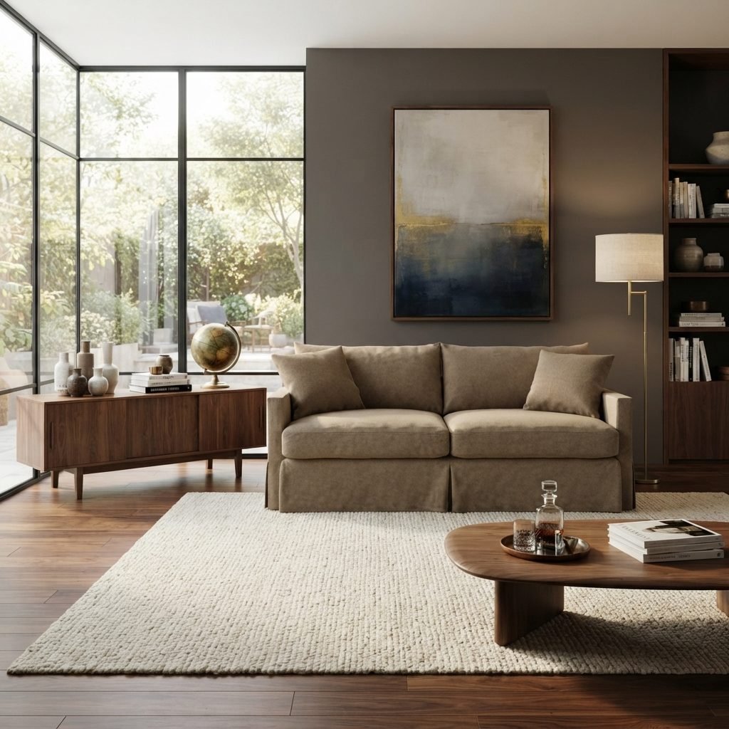 Estofado Atenas Plus com capa cor castanho claro numa sala de parede cinza, sob um quadro abstrato, com tapete trancado e buffet de madeira ao lado