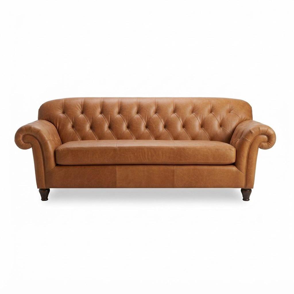 Estofado Chesterfield Modelo X em couro caramelo com capitonê profundo, braços arredondados e pés torneados, vista de frente.