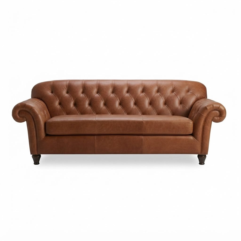 Estofado Chesterfield Modelo X em couro cognac com capitonê profundo, braços arredondados e pés torneados, vista de frente.