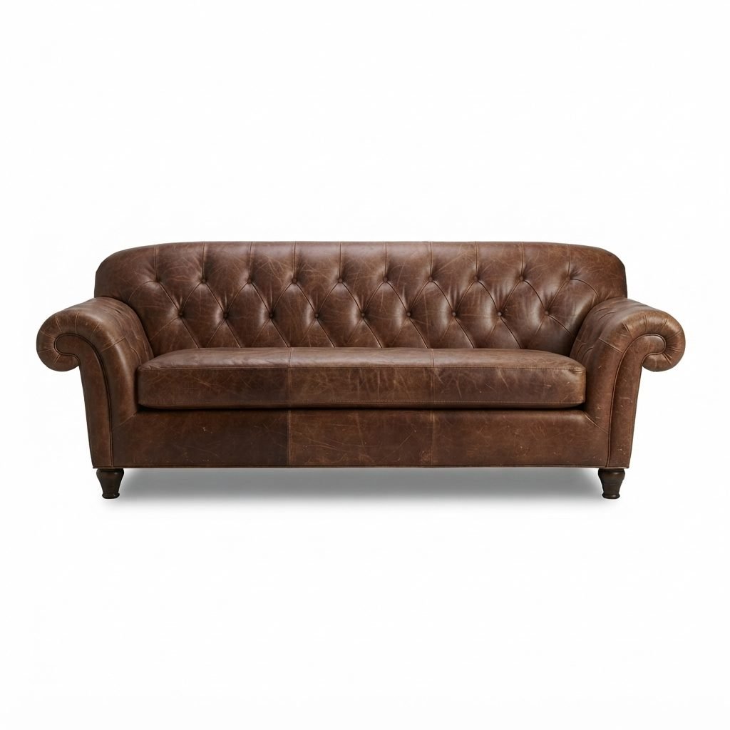 Estofado Chesterfield Modelo X em couro marrom envelhecido com capitonê profundo e pés torneados, vista de frente em fundo claro.