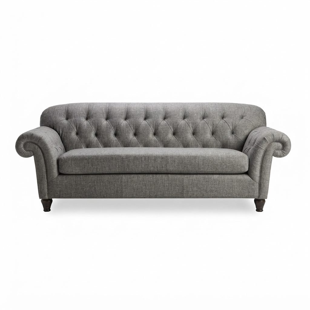 Estofado Chesterfield Modelo X em tecido cinza com capitonê profundo, braços arredondados e pés torneados, vista de frente.