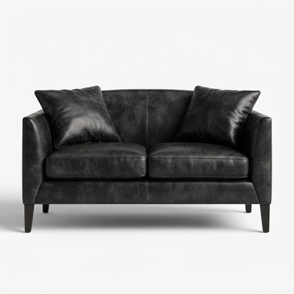 Estofado Couto de dois lugares em couro preto, encosto curvo e almofadas decorativas, vista frontal em fundo branco.