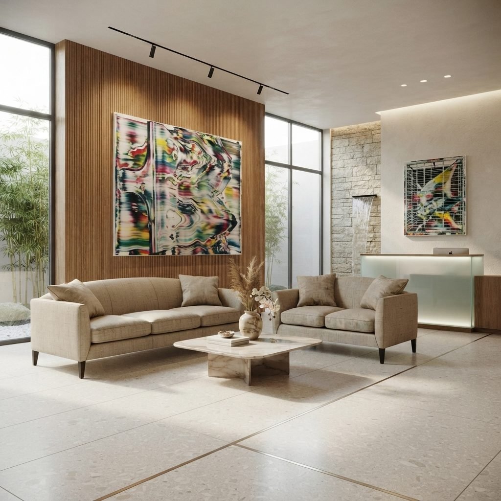 Estofado Couto em linho bege, dois sofás ambientados numa recepção corporativa com quadro abstrato e piso de mármore.