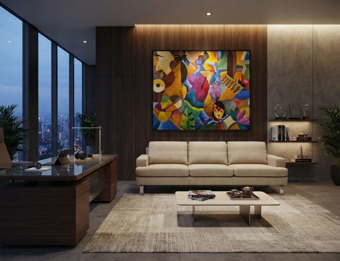Estofado ES2018 em linho bege dentro de um escritório executivo moderno, com quadro colorido e vista noturna da cidade.