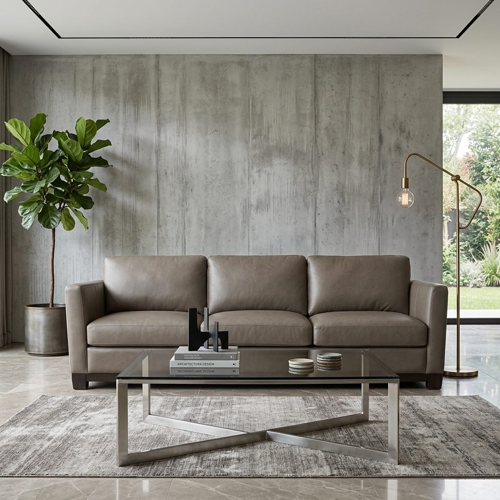 Estofado 3 Lugares ES2019 em couro cinza-taupe numa sala moderna, diante de parede de concreto aparente, com mesa de centro de vidro e planta ao lado