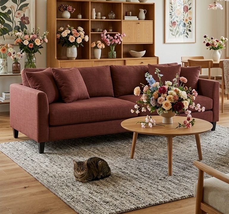 Estofado ES2021 em tecido bordo numa sala de estar com estante de madeira clara, arranjos de flores, mesa de centro redonda e um gato deitado no tapete