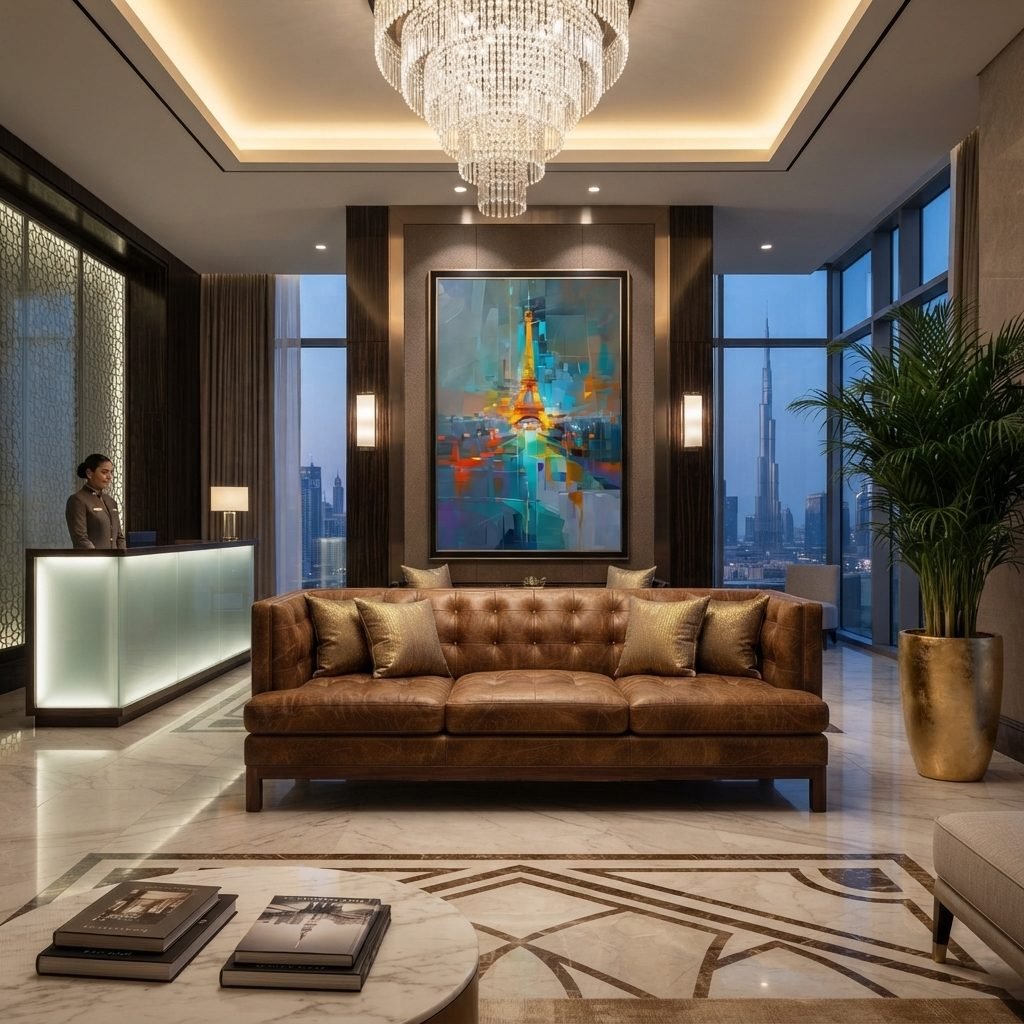 Estofado ES 2024 em couro marrom num lobby de hotel, sob lustre de cristal e almofadas douradas, com vista noturna da cidade.