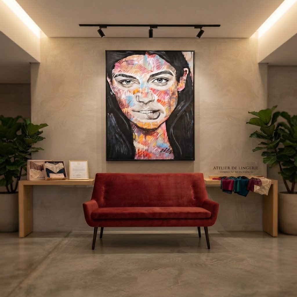 Estofado ES 2025 em veludo vermelho, sofá retrô de encosto alto ambientado em sala decorada com quadro e plantas.