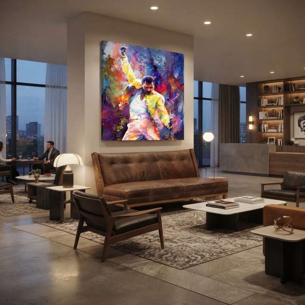 Estofado ES 2026 em couro marrom, montado num lounge sofisticado à noite, com quadro colorido na parede e poltronas de couro ao redor.