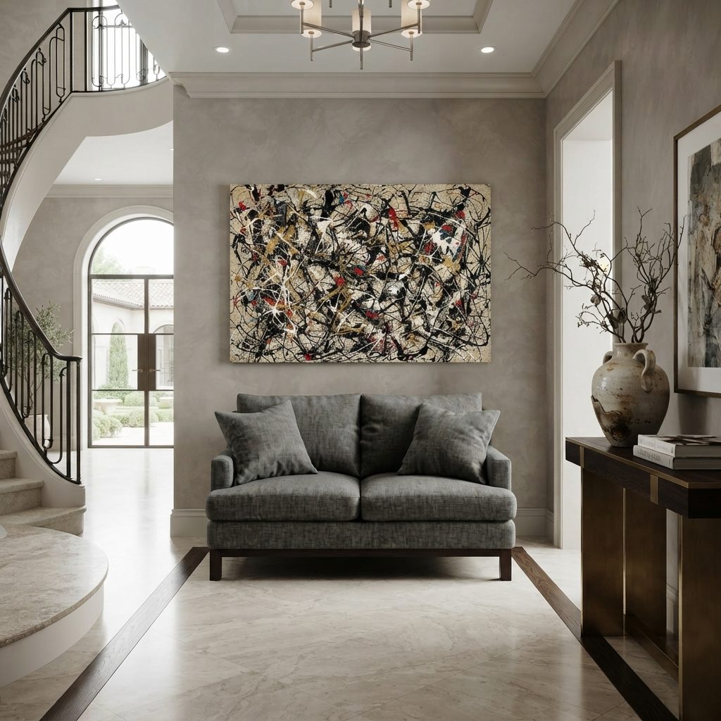 Estofado Osaca em tweed cinza dentro de um hall de entrada com escada curva e quadro abstrato na parede.