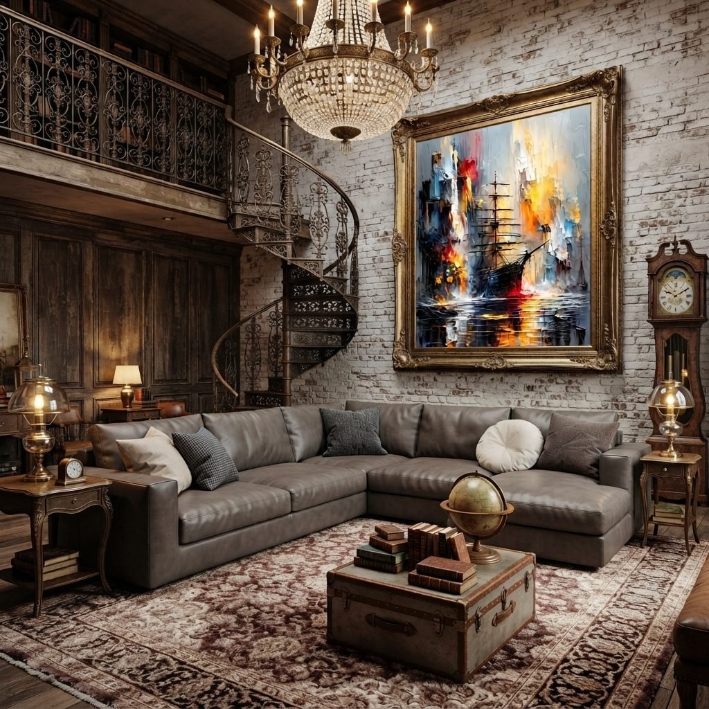 Estofado PL1087 com chaise quadrada em couro cinza-taupe dentro de uma sala de estar clássica, com lustre e escada em caracol.