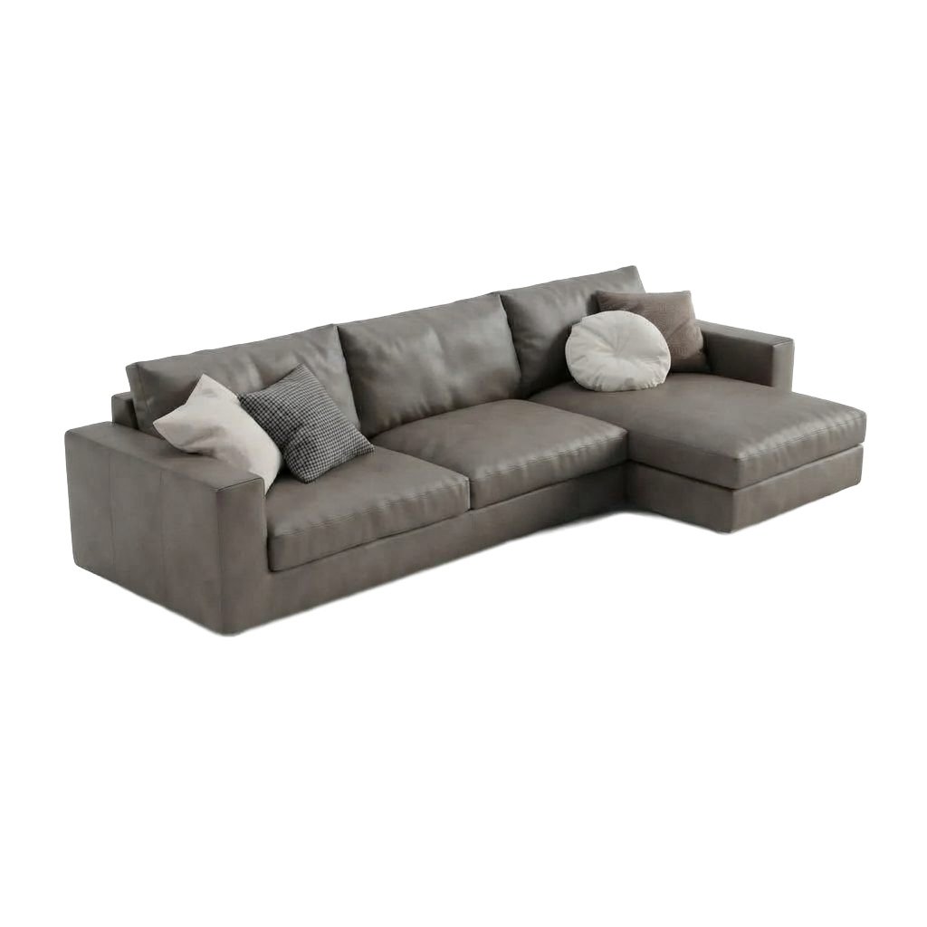 Estofado PL1087 com chaise quadrada em couro cinza-taupe, almofadas decorativas e pés de madeira, vista de três quartos.