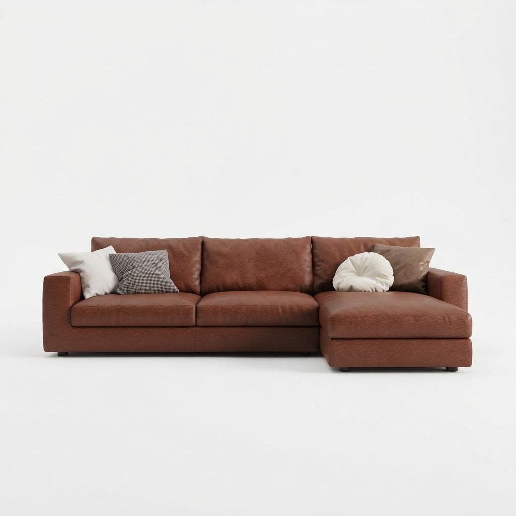 Estofado PL1087 com chaise quadrada em couro conhaque avermelhado, almofadas decorativas soltas, vista frontal em fundo branco.