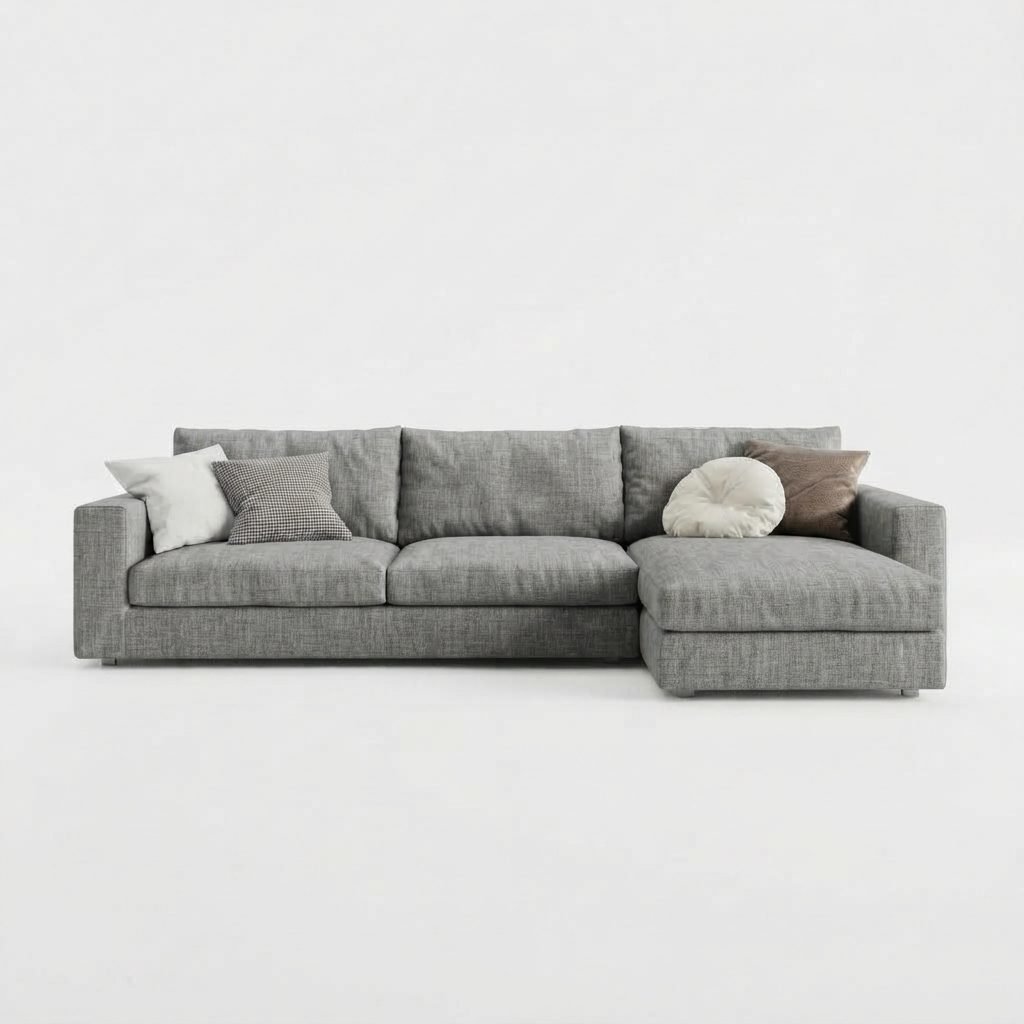 Estofado PL1087 com chaise quadrada em tecido cinza mescla, almofadas decorativas soltas, vista frontal em fundo branco.
