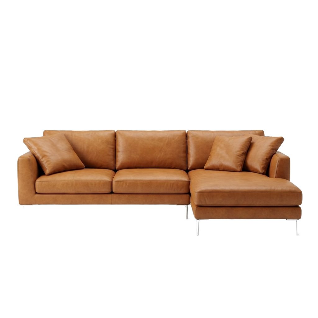 Estofado com Chaise PL1088 em couro caramelo, visto de frente sobre pes finos cromados