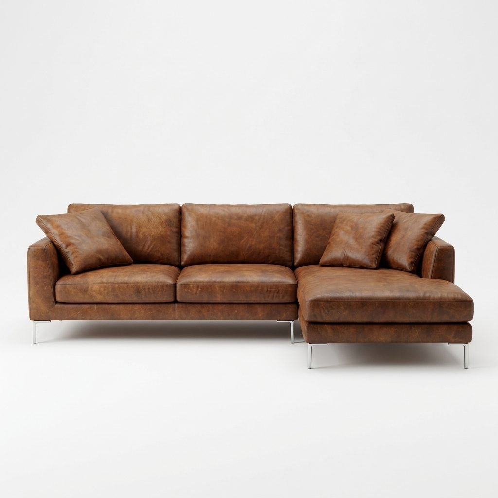 Estofado com Chaise PL1088 em couro marrom envelhecido, visto de frente com o chaise a direita