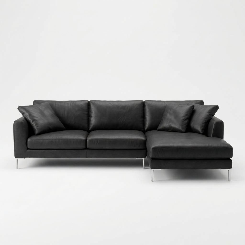 Estofado com Chaise PL1088 em couro preto, visto de frente sobre pes finos cromados