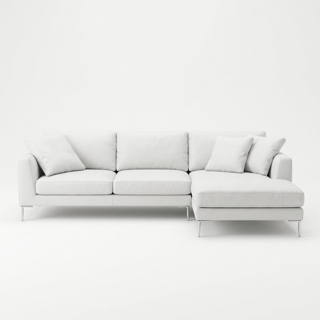 Estofado com Chaise PL1088 em revestimento branco, visto de frente sobre pes cromados