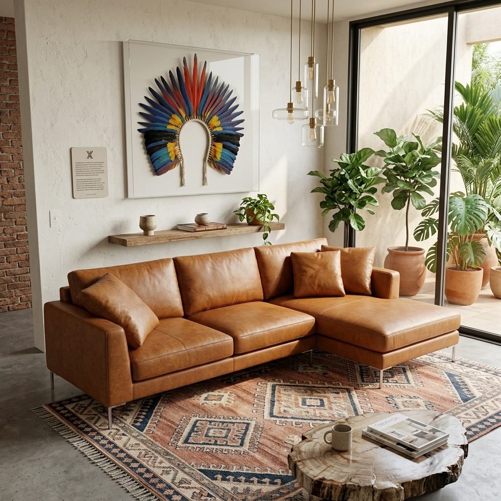 Estofado com Chaise PL1088 em couro caramelo numa sala de piso de cimento, sobre tapete estampado e diante de uma parede com quadro colorido
