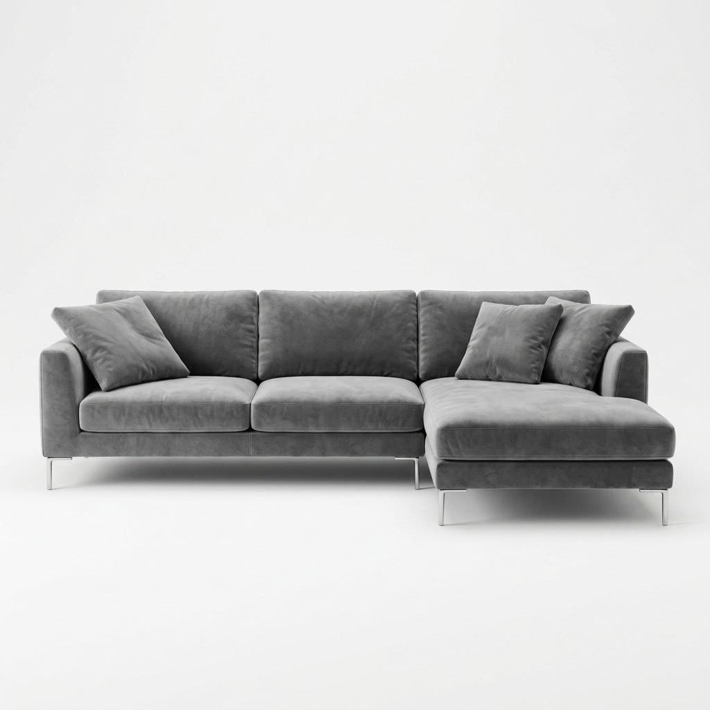 Estofado com Chaise PL1088 em veludo cinza, visto de frente em fundo claro