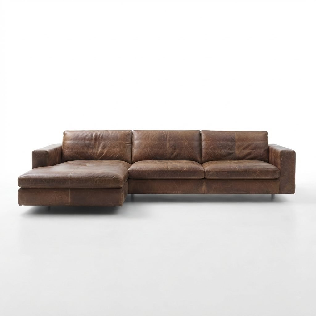Estofado PL 1089 com chaise em couro marrom envelhecido de textura marcada, pés de metal, fotografado de frente.