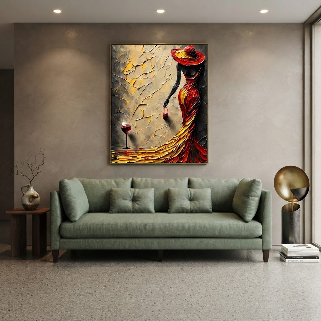 Estofado PL 3017 em tecido verde-sálvia dentro de uma sala de estar, sob um quadro com uma mulher de vestido vermelho na parede.