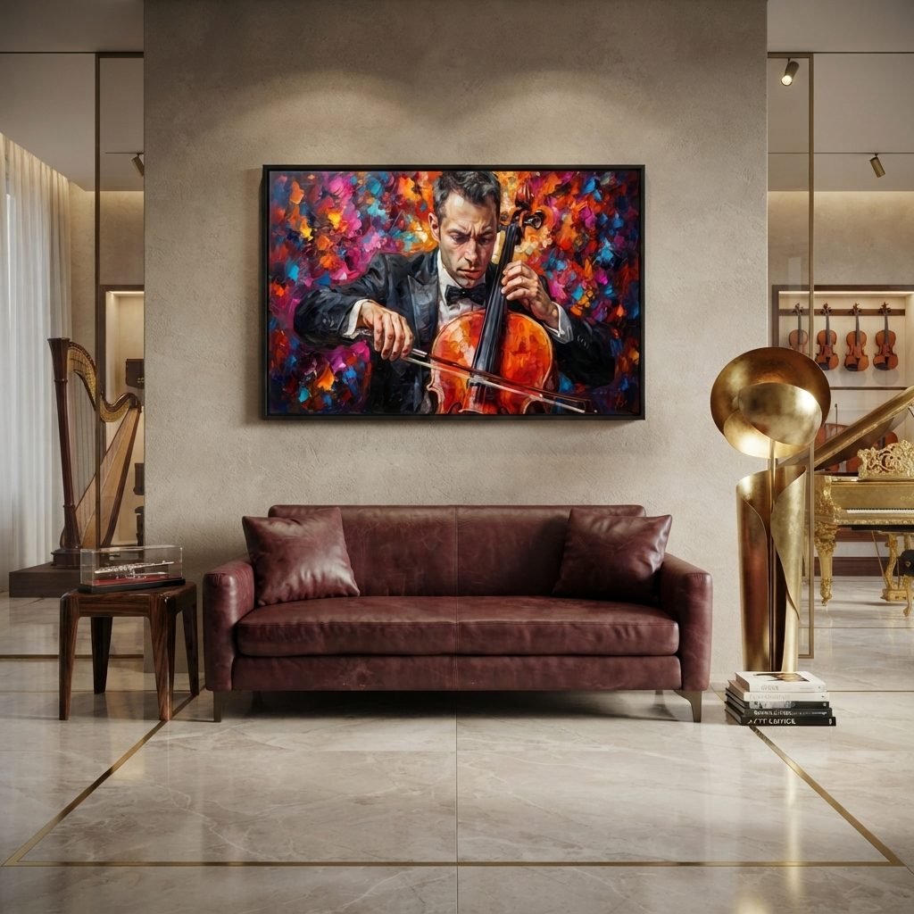 Estofado PL 3018 em couro bordô, ambientado numa sala de estar clássica com piano, harpa e quadro de um violoncelista.