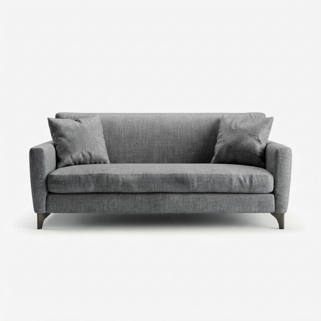 Estofado PL 3018 de três lugares em tecido cinza, assento único e almofadas decorativas, vista frontal em fundo branco.
