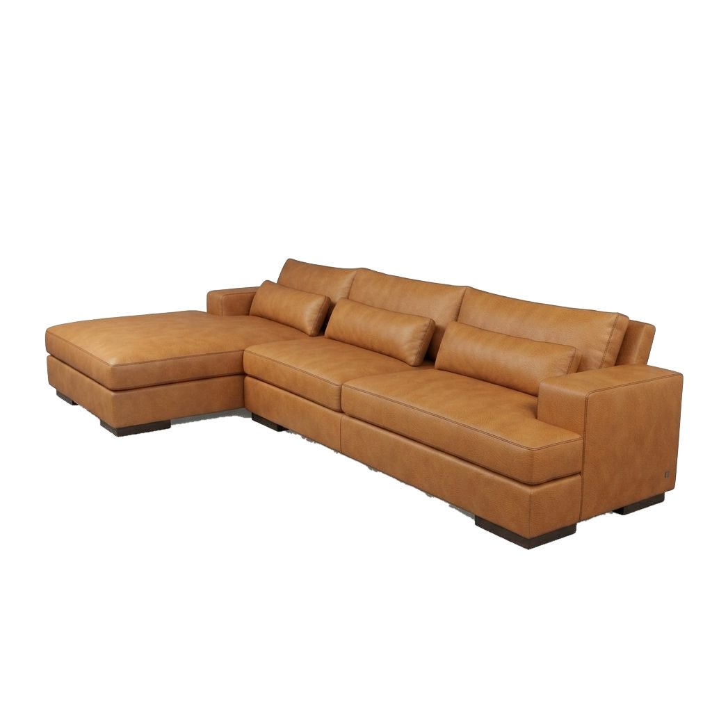 Estofado PL 3020 em couro caramelo, sofá modulado com chaise longue e almofadas soltas, vista em perspectiva de três quartos.