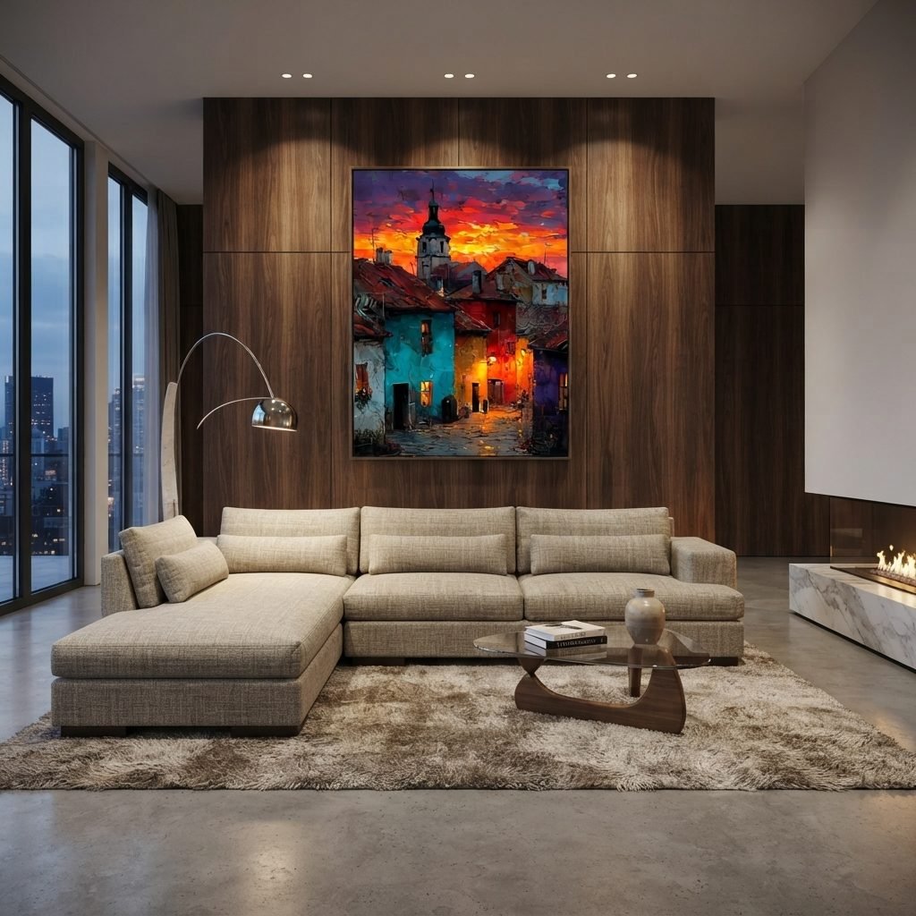Estofado PL 3020 em tecido bege, sofá modulado com chaise longue ambientado em sala de estar com tapete e lareira.