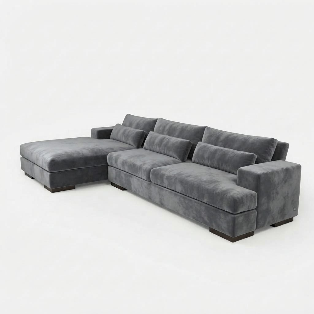 Estofado PL 3020 em veludo cinza-escuro, sofá modulado com chaise longue e almofadas soltas, vista de três quartos.