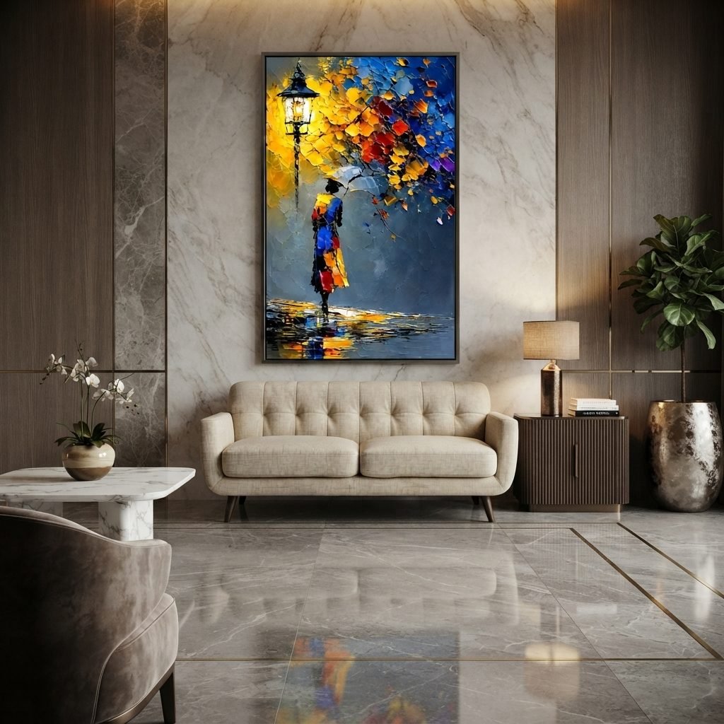 Estofado PL 4143 em linho bege numa sala de estar elegante, sob quadro colorido e ao lado de mesa de mármore com planta.