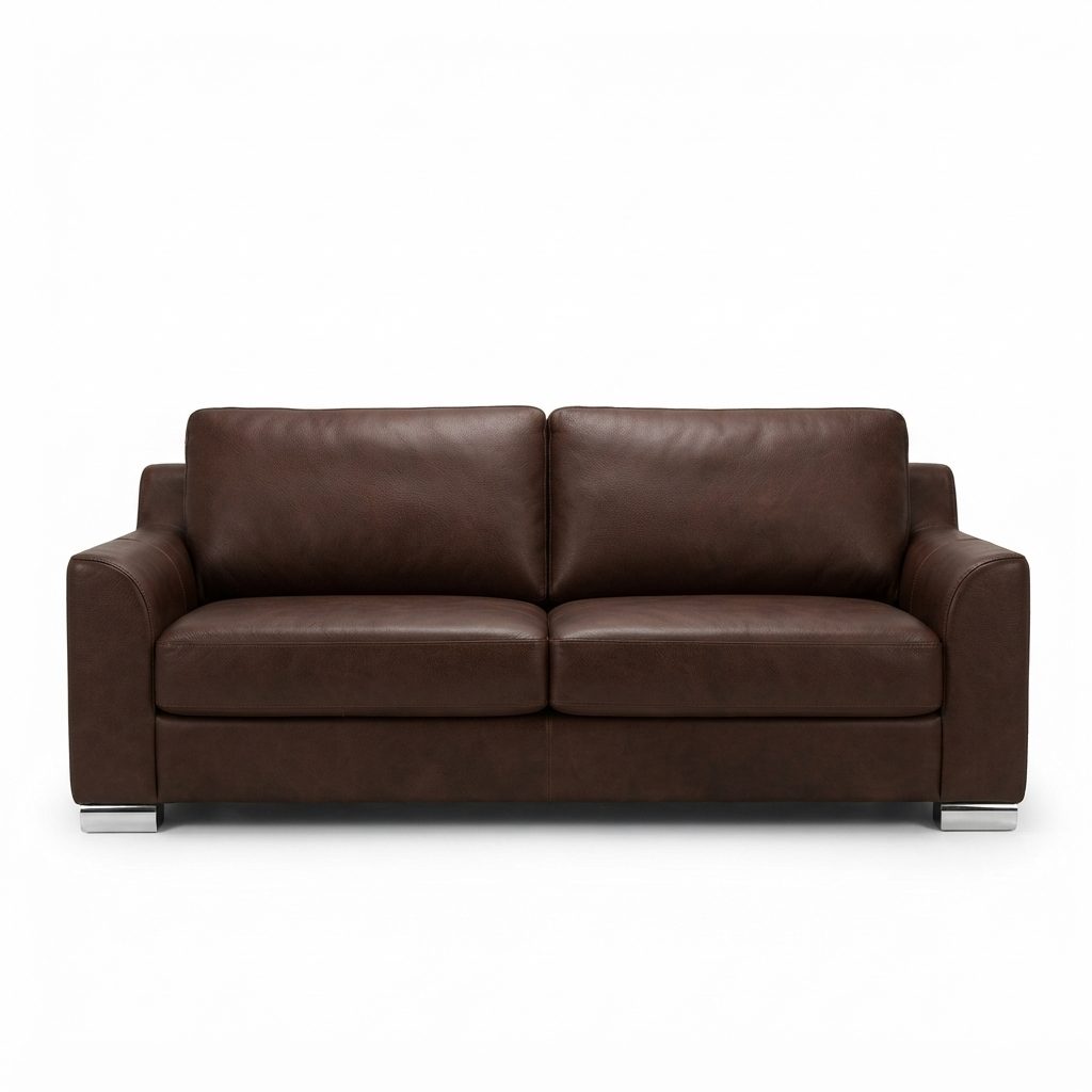Estofado PL4159 em couro chocolate envelhecido com textura marcada e pés metálicos em bloco, vista frontal em fundo branco.