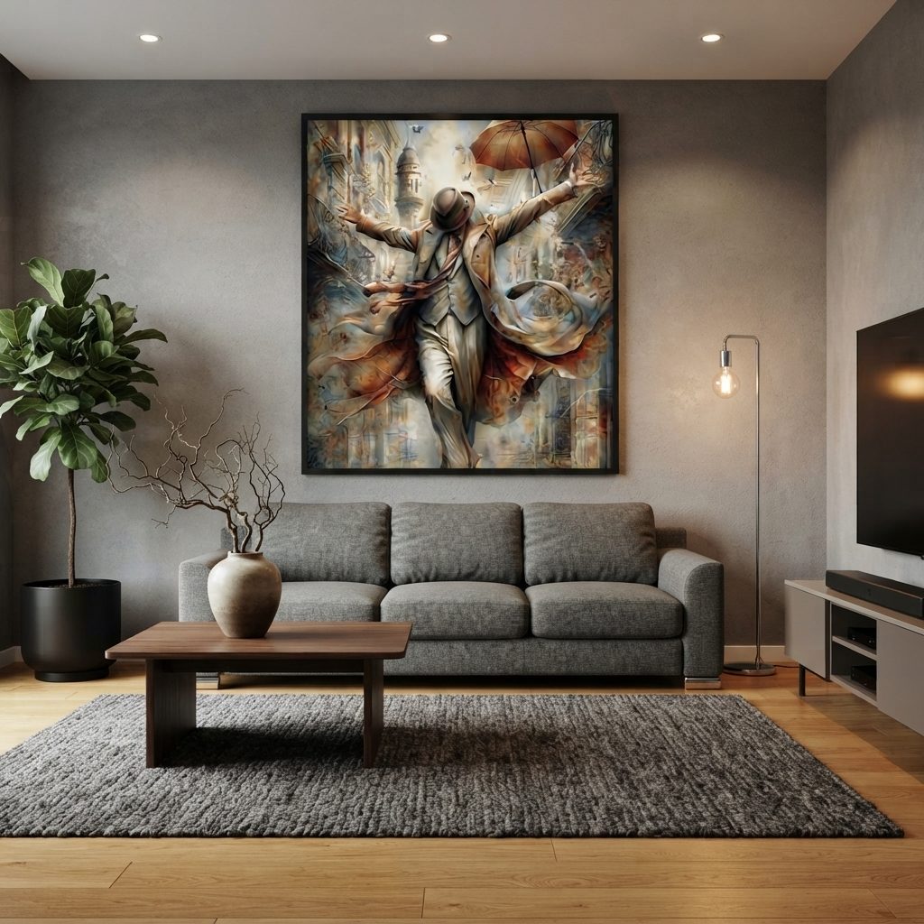 Estofado PL4159 em tecido cinza mesclado, ambientado em sala de estar com tapete texturizado e quadro de parede grande.