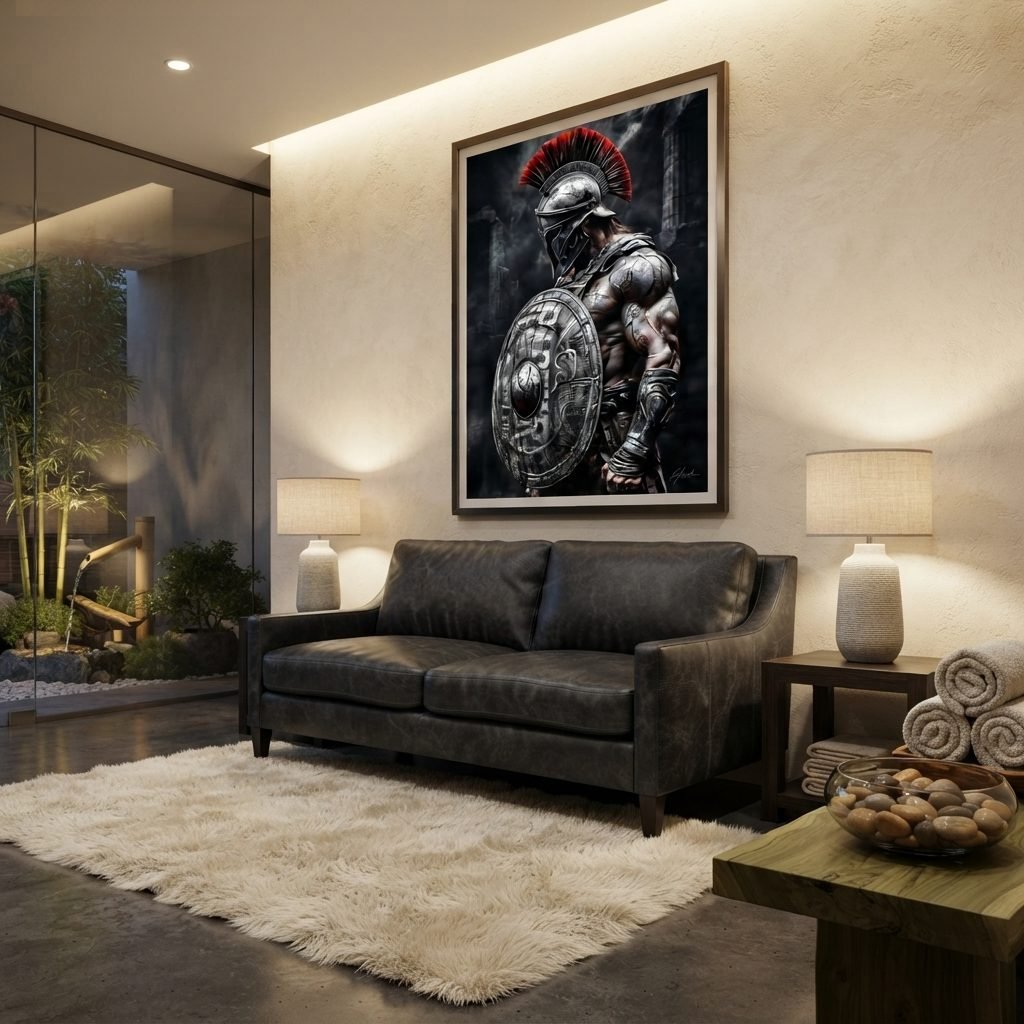Estofado Sahara em couro cinza-chumbo, sofá de dois lugares ambientado em sala de estar com tapete claro e quadro.