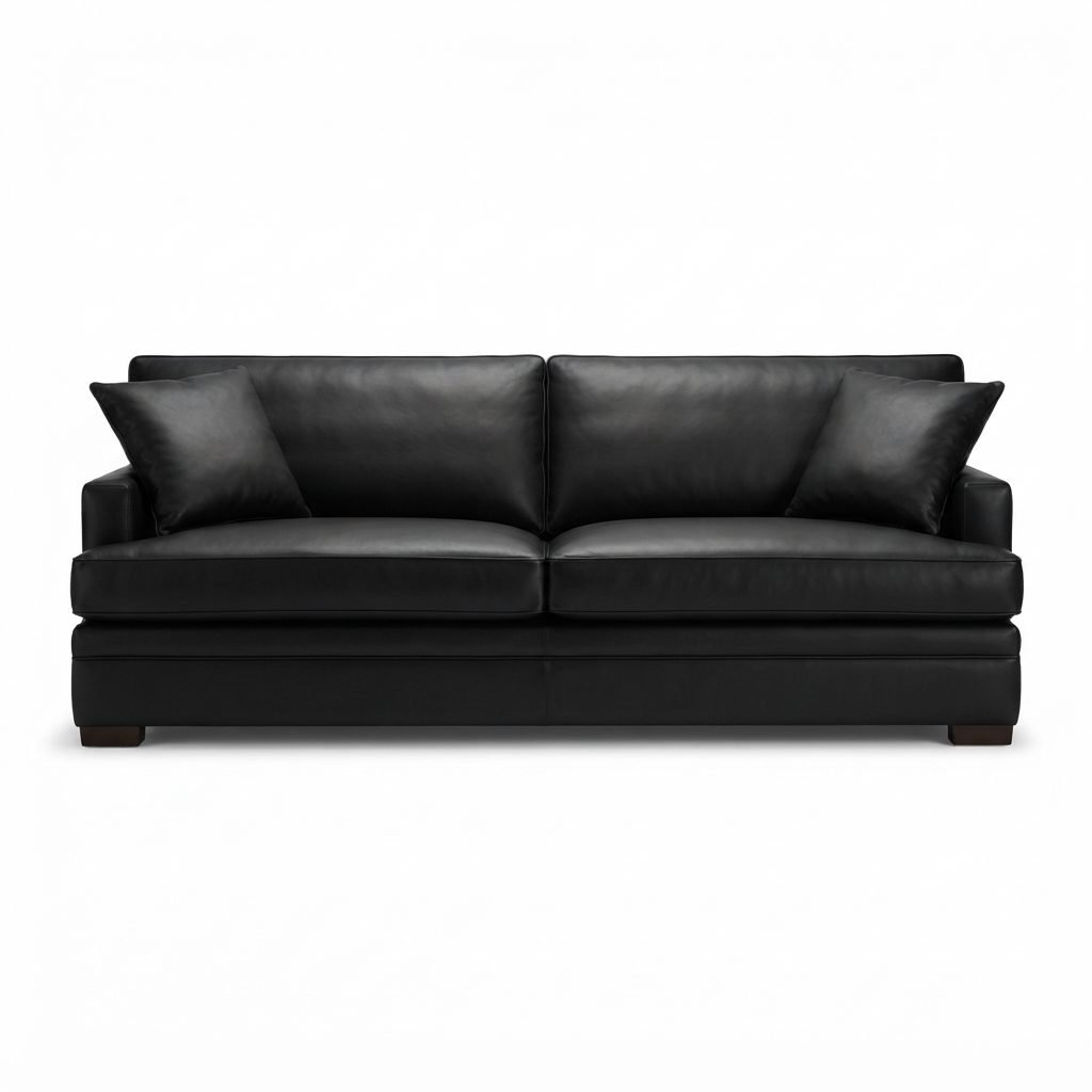 Estofado Studio em couro preto, sofá de dois lugares com almofadas soltas nas laterais, vista frontal em fundo branco.