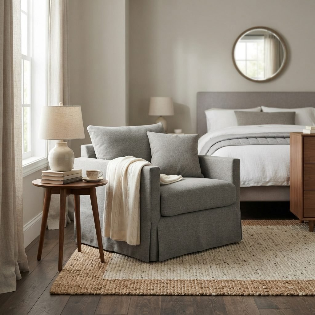 Poltrona Atenas Plus em linho cinza dentro de um quarto aconchegante, ao lado da cama e de uma mesa lateral com abajur.