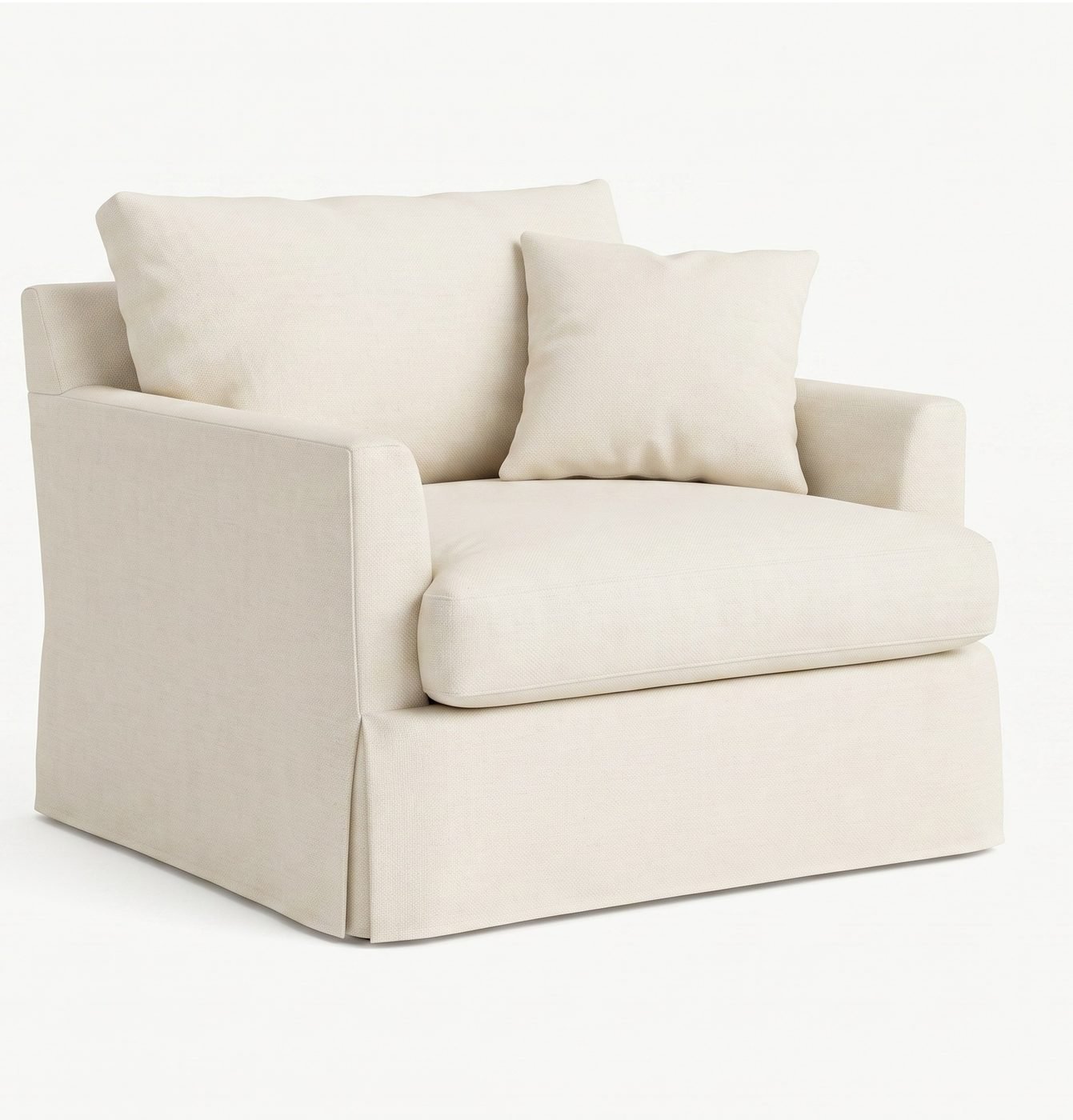 Poltrona Atenas Plus com capa removível em linho off-white, vista em três quartos sobre fundo branco, com almofada avulsa.