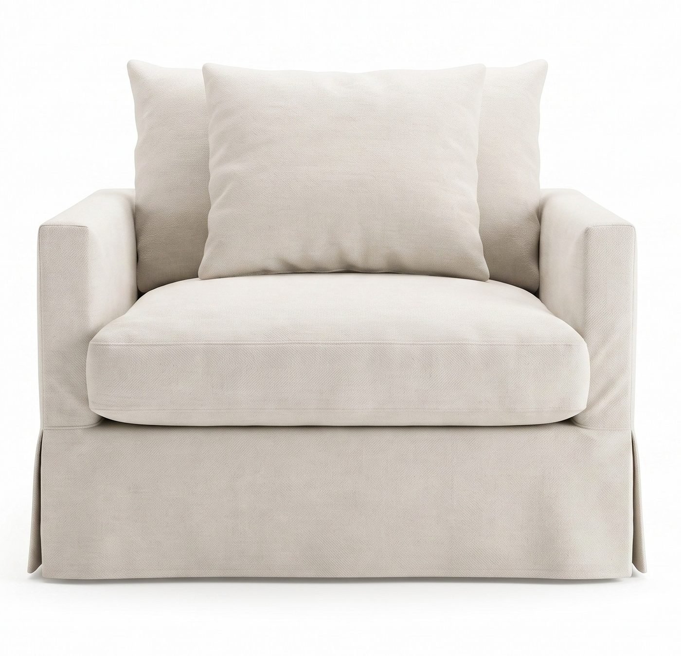 Poltrona Atenas Plus com capa removível em linho off-white, vista frontal sobre fundo branco, mostrando saia franzida com prega.